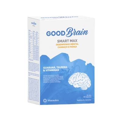 Embalagem do suplemento alimentar GOOD Brain SMART MAX branca e azul com imagem de cérebro.
