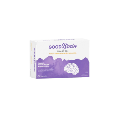 Embalagem de suplemento GOOD Brain SMART 50+, branco e roxo, com ilustração de cérebro e montanhas.