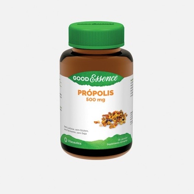 Frasco de suplemento de própolis GOOD Essence 500 mg com tampa verde e rótulo branco