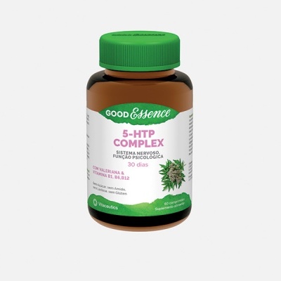 Frasco de suplemento GoodEssence 5-HTP Complex com tampa verde e rótulo branco e verde
