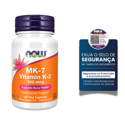Frasco de suplemento MK-7 Vitamin K-2 da NOW com selo de segurança