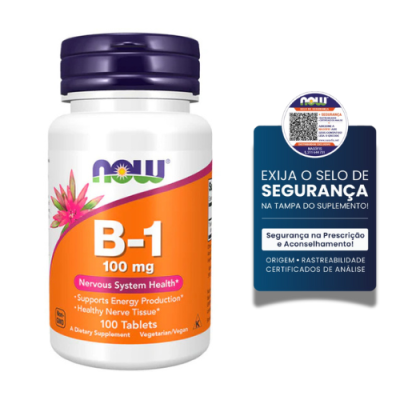 Frasco de suplemento NOW B-1 100 mg com selo de segurança