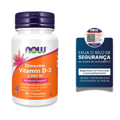 Frasco de suplemento vitamina D-3 mastigável NOW com rótulo laranja e branco