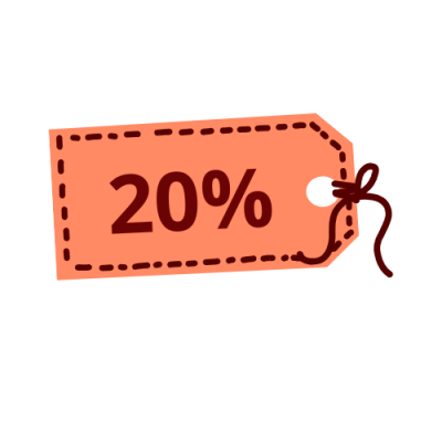 Etiqueta cor de coral com texto 20% e cordão castanho