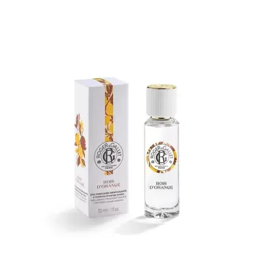 Frasco e caixa do perfume Bois d'Orange da Roger & Gallet com design branco e ilustrações laranja e amarelas