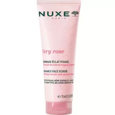 Tube de esfoliante facial NUXE Very Rose rosa claro com texto verde e rosa