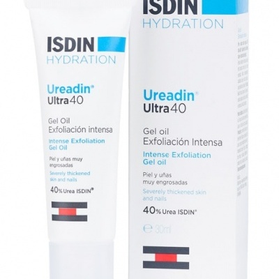 Tubo e caixa de gel óleo ISDIN Hydration Ureadin Ultra 40, branco com texto preto e azul.