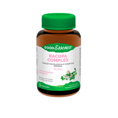 Frasco castanho de suplemento Bacopa Complex com tampa verde, rótulo branco e texto colorido