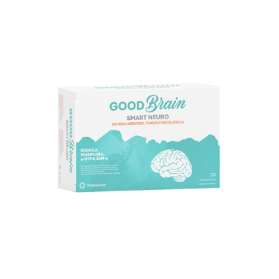 Embalagem de suplemento GOOD Brain SMART NEURO em branco e verde-água com desenho de cérebro