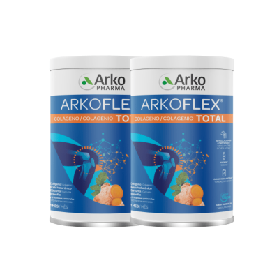 Frascos do suplemento Arkopharma ARKOFLEX TOTAL com rótulo azul e laranja