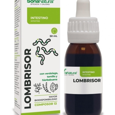 Frasco e embalagem do produto LOMBORISOR para intestino da Soria Natural.