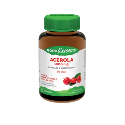 Frasco de suplemento alimentar de acerola Good Essence com tampa verde e etiqueta branca