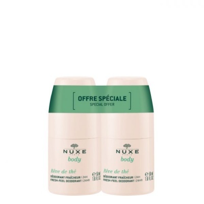 Pack de dois desodorizantes NUXE body Rêve de thé com tampas verdes e texto OFFRE SPÉCIALE SPECIAL OFFER.