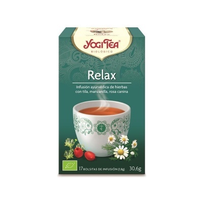 Embalagem verde de chá Yogi Tea Relax com imagem de chá e plantas