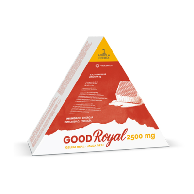 Embalagem triangular de suplemento GOOD Royal 2500 mg com geleia real e texto em português.