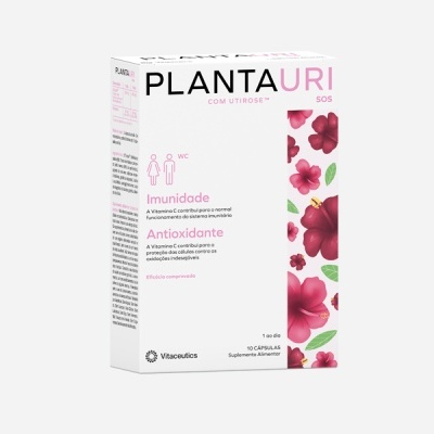 Embalagem do suplemento alimentar PlantaUri com extratos e design floral rosa