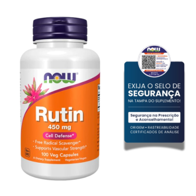 Frasco de suplemento NOW Rutin 450 mg com selo de segurança em fundo branco