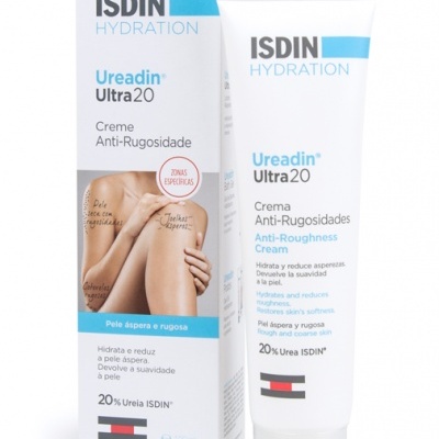 Creme anti-rugosidade ISDIN Ureadin Ultra20 com embalagem e tubo branco e texto azul e preto