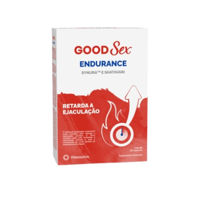 Embalagem do suplemento GOODSex Endurance com texto e gráficos em vermelho e branco