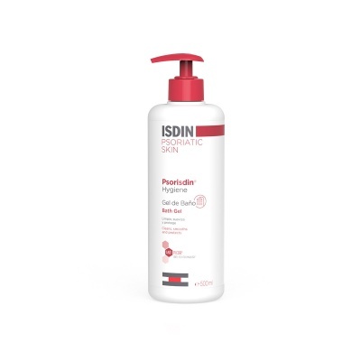 Frasco branco com tampa vermelha de gel de banho ISDIN Psorisdin Hygiene 400 ml