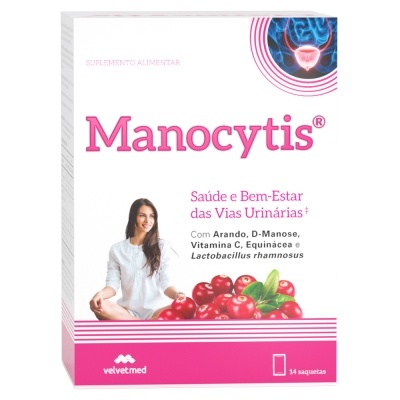 Embalagem do suplemento Manocytis para saúde das vias urinárias com imagem de mulher e frutos vermelhos