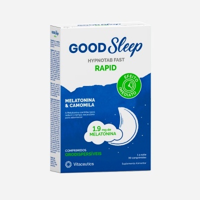 Embalagem de comprimidos efervescentes GOOD Sleep Hypnotat Fast RAPID, azul e branco