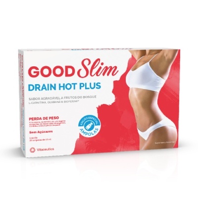 Embalagem do produto GOOD Slim Drain Hot Plus com imagem de mulher e texto em vermelho e azul