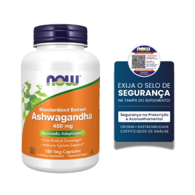 Embalagem de suplemento Ashwagandha NOW com selo de segurança
