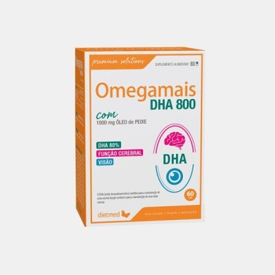 Caixa de suplemento alimentar Omegamais DHA 800 com óleo de peixe e indicações de função cerebral e visão