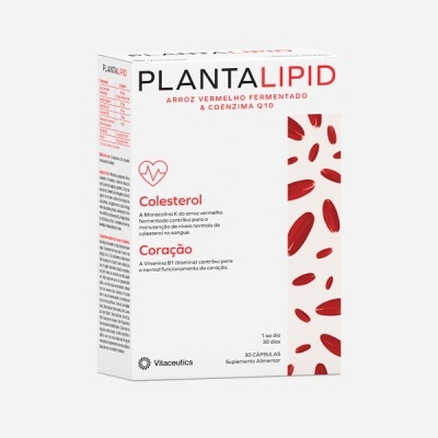 Embalagem branca do suplemento alimentar PLANTALIPID com texto e detalhes vermelhos