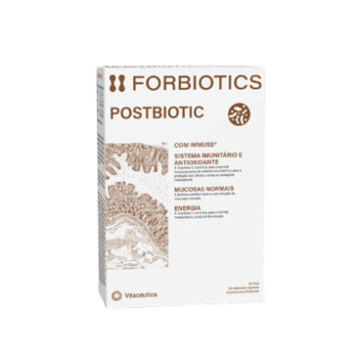Caixa de suplemento FORBIOTICS POSTBIOTIC branca com texto castanho e fundo preto