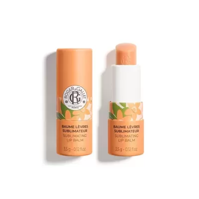 Bálsamo labial sublimador laranja com detalhes florais e texto ROGER & GALLET.