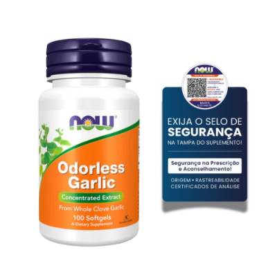 Frasco de suplemento garlic da NOW com selo de segurança