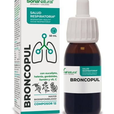 Frasco de medicamento Broncopul para saúde respiratória com embalagem e conta-gotas.