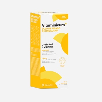 Embalagem de Vitaminicum óleo de fígado de bacalhau branca e amarela