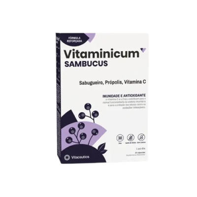 Caixa de Vitamínicum Sambucus com ilustração de bagas e texto informativo