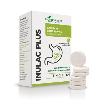 Embalagem do suplemento Inulac Plus da Soria Natural com comprimidos empilhados
