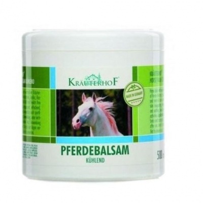 Pote branco de creme Kräuterhof com imagem de cavalo e texto em verde e azul