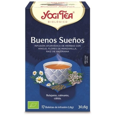 Caixa azul de chá Yogi Tea Buenos Sueños com imagem de chá numa chávena e flores