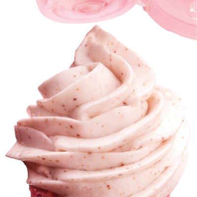 Creme rosa com partículas em cone rosa com tampa aberta