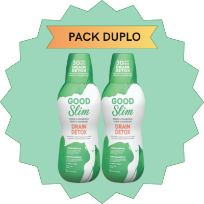 Duas garrafas do suplemento Good Slim Drain Detox sabor framboesa com embalagem branca e verdes, texto PACK DUPLO