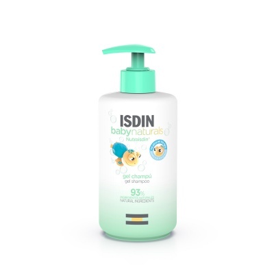 Frasco de gel champô ISDIN babynaturals com doseador verde claro e ilustrações infantis.