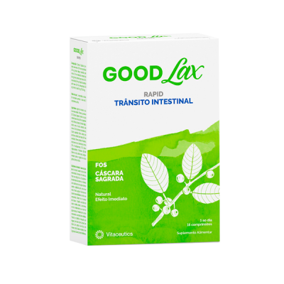 Embalagem branca e verde do suplemento GOOD Lax para trânsito intestinal