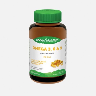 Suplemento Omega 3, 6 e 9 Good Essence em frasco castanho com tampa verde