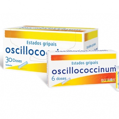 Caixas de Oscillococcinum para estados gripais com 30 e 6 doses e frascos transparentes