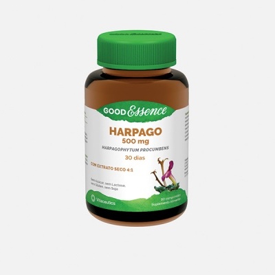 frasco de suplemento GOOD Essence Harpago 500 mg com tampa verde e rótulo branco