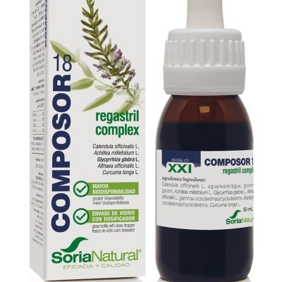 Frasco de vidro âmbar com conta-gotas branco ao lado de caixa branca com texto e imagem de planta para COMPOSOR 18 regastril complex da Soria Natural
