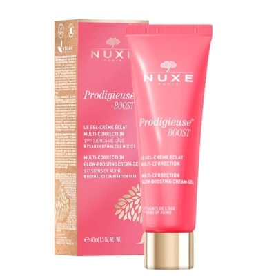 Creme-gel NUXE Prodigieuse Boost em tubo rosa e dourado com embalagem rosa e dourada.