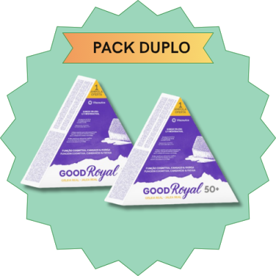 Duas embalagens triangulares do produto GOOD Royal em fundo verde com banner 'PACK DUPLO'