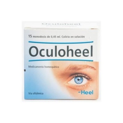 Caixa branca de medicamento Oculoheel com imagem de um olho azul